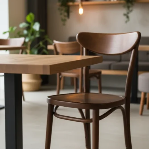 Scaun Boomerang din lemn curbat de nuc într-un cadru de cafenea