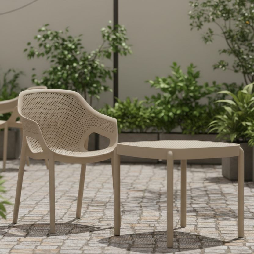Krzesło outdoorowe Aero beżowe w aranżacji ze stolikiem Aria