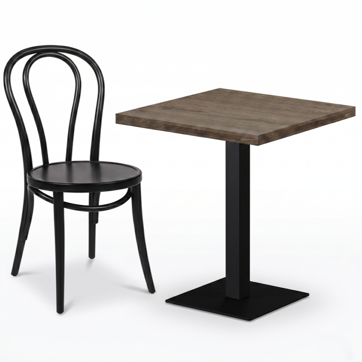 Stolik kawiarniany Alfa S 68x68 dąb sonoma tabac Dark Wood w aranżacji z krzesłem drewnianym giętym