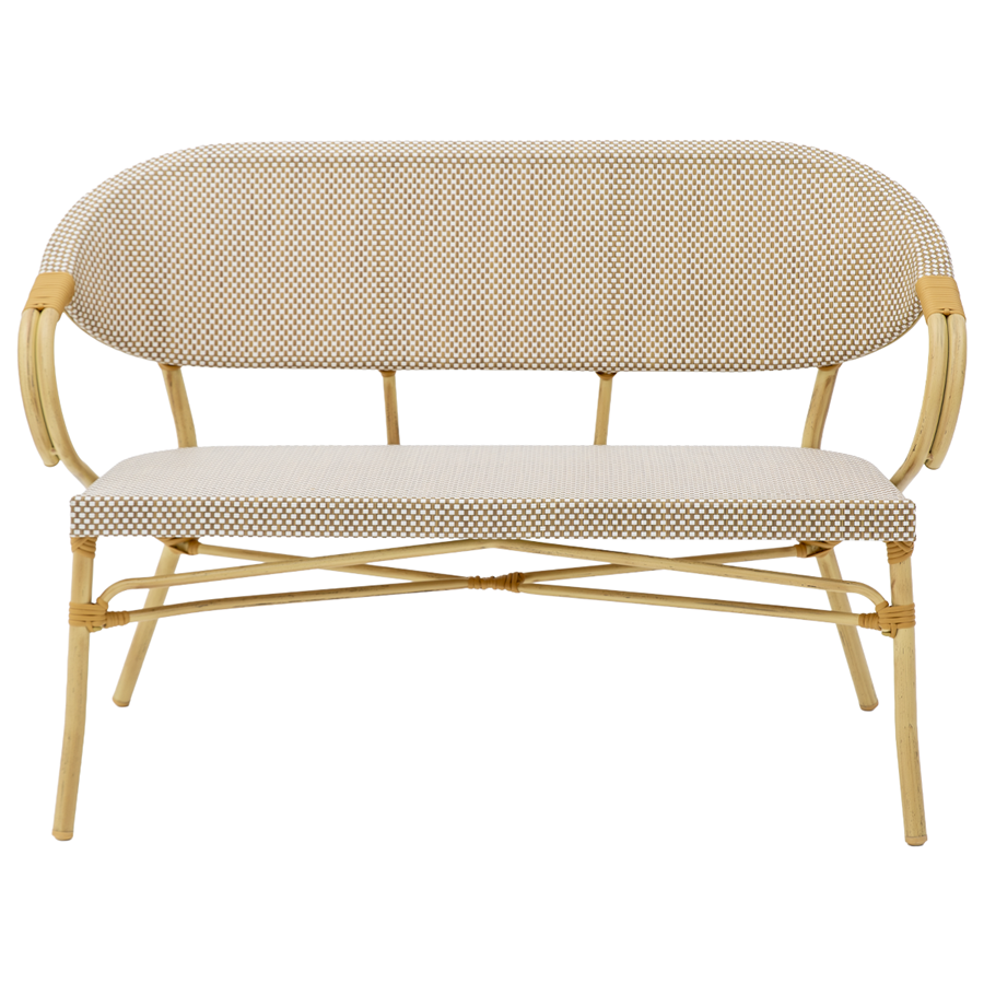 Prz&oacute;d ławki technorattanowej Camillo Bench w kolorze brązowo-beżowym.