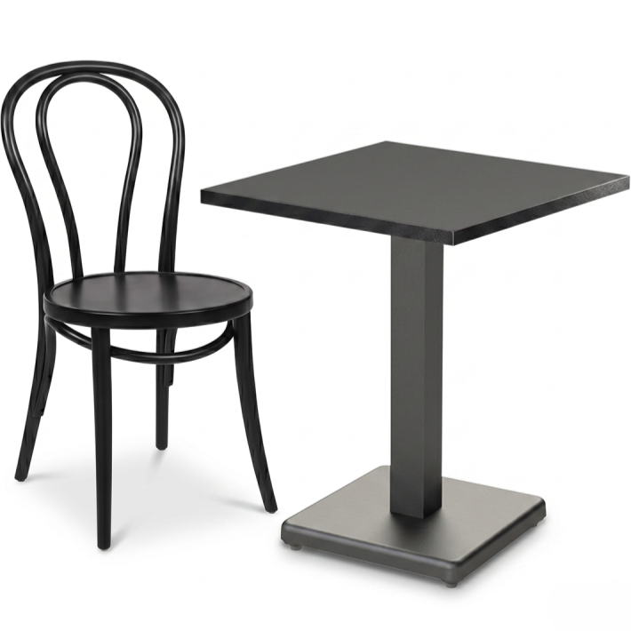 Stolik kawiarniany Imperio 68x68 antracytowy Matt Black w aranżacji z krzesłem drewnianym giętym