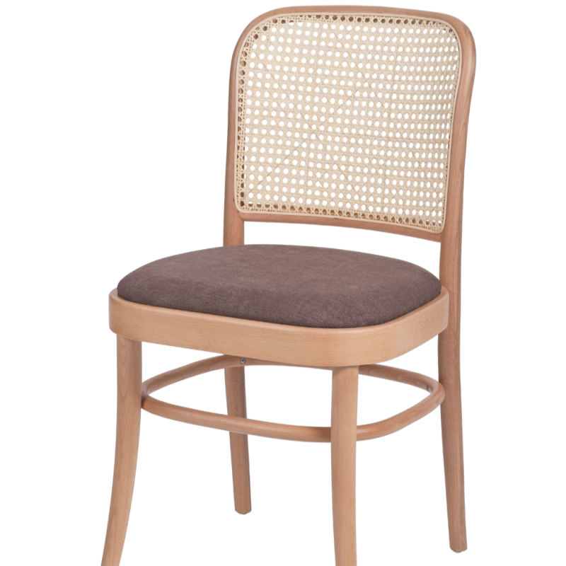 Krzesło gięte Loomi 811 rattan z tapicerowanym brązowym siedziskiem -widok og&oacute;lny