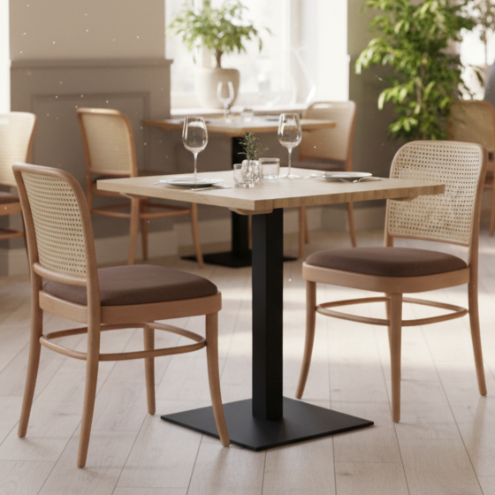 Krzesło gięte Loomi 811 rattan z tapicerowanym brązowym siedziskiem - aranżacja w kawiarni