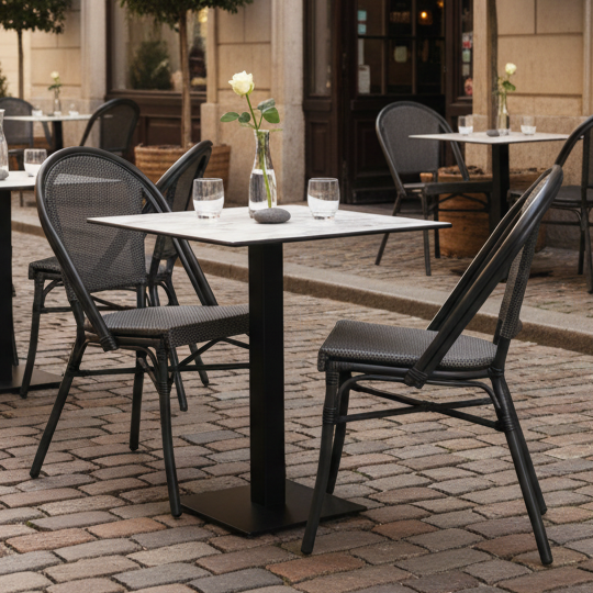 Krzesła Matteo czarno-grafitowe w aranżacji ze stolikiem Alfa S z blatem HPL