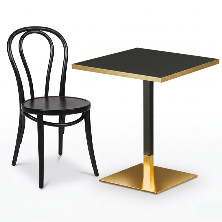 Stolik kawiarniany Omega 68x68 antracyt Brushed Gold z krzesłem drewnianym giętym