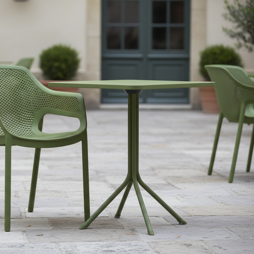 Stolik outdoorowy do ogr&oacute;dk&oacute;w piwnych Prato 70x70 zielony w aranżacji outdoorowej