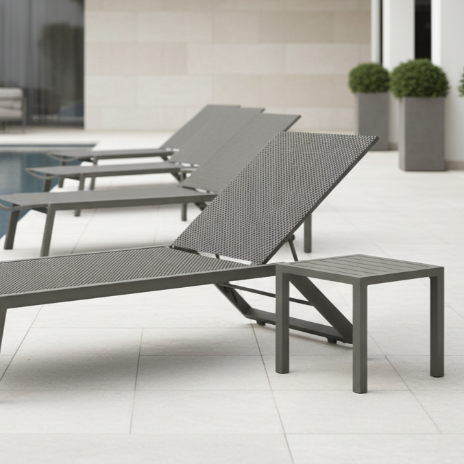 Stolik basenowy Azura antracytowy w aranżacji z leżakim Riviera antracytowo-grafitowym przy basenie hotelowym