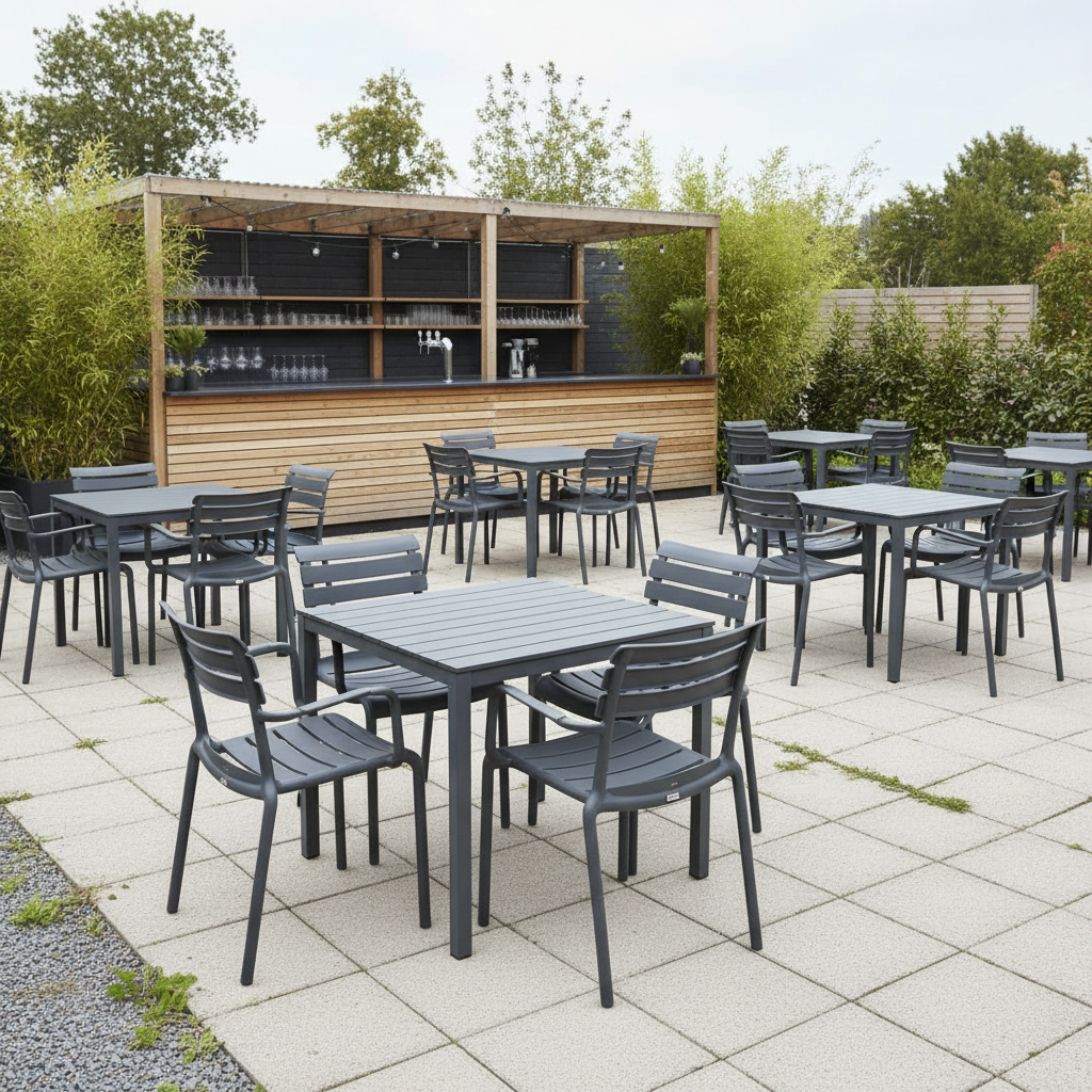 Krzesło do ogródków piwnych Velo antracytowe - aranżacja w lokalu outdoorowym