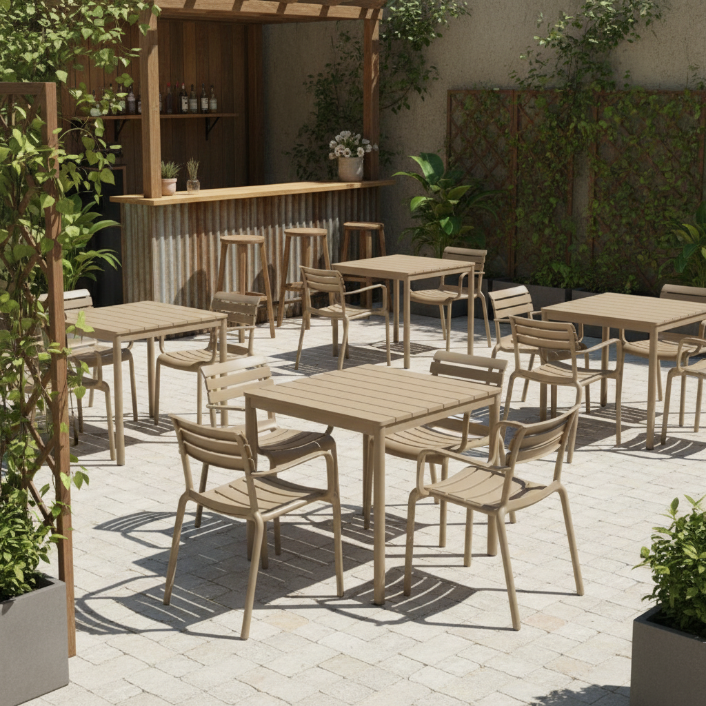 Krzesło outdoorowe Velo beżowe - aranżacja w ogr&oacute;dku gastronomicznym