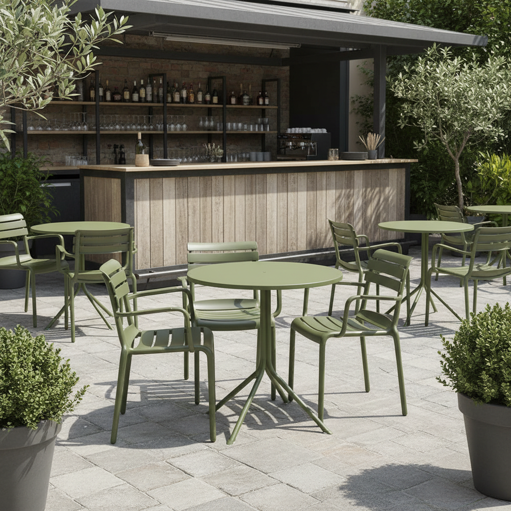 Krzesło do ogródków piwnych Velo zielone w aranżacji w ogródku gastronomicznym ze stolikiem Prato R zielonym
