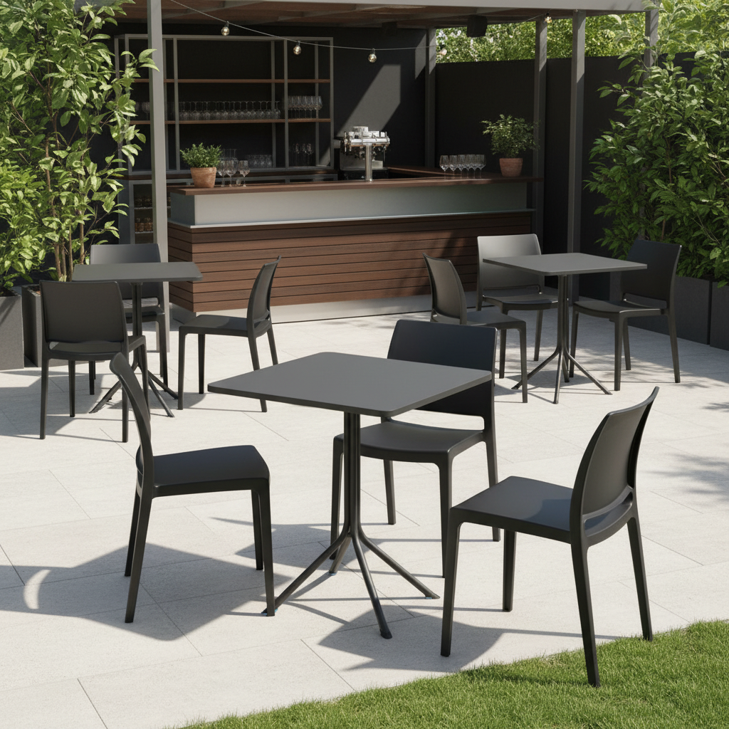 Krzesło do ogr&oacute;dk&oacute;w piwnych Vento czarne - aranżacja ze stolikiem Prato 70x70 czarnym w ogr&oacute;dku gastronomicznym