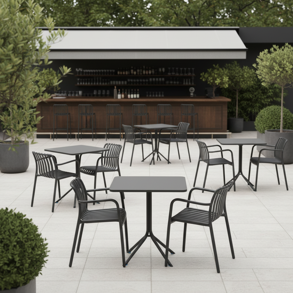 Krzesło Verticale antracytowe - aranżacja w ogr&oacute;dku gastronomicznym