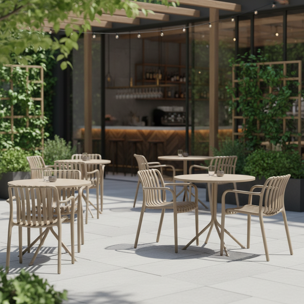 Krzesło outdoorowe Verticale beżowe - aranżacja w ogródku gastronomicznym