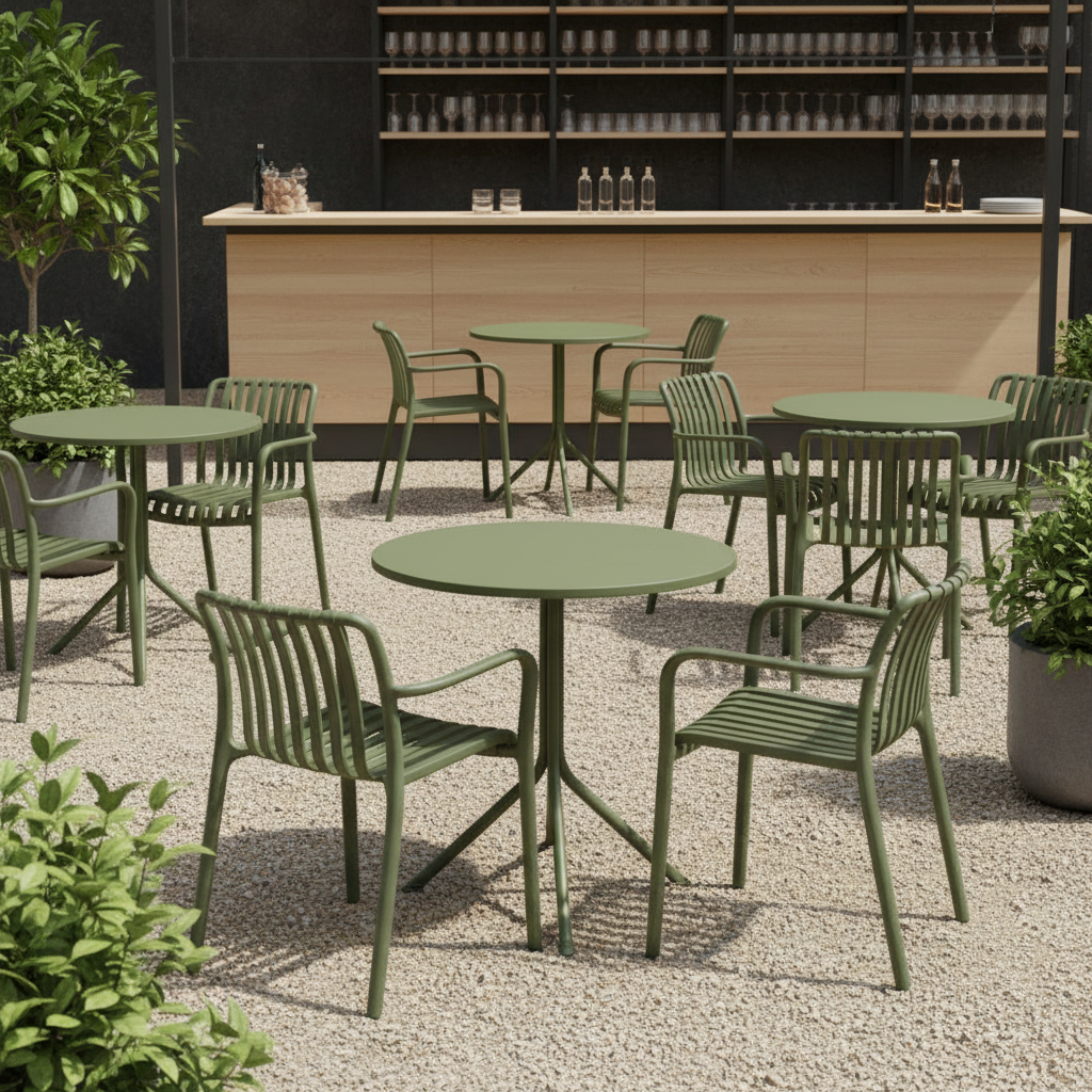 Krzesło outdoorowe Verticale zielone - aranżacja w ogr&oacute;dku gastronomicznym